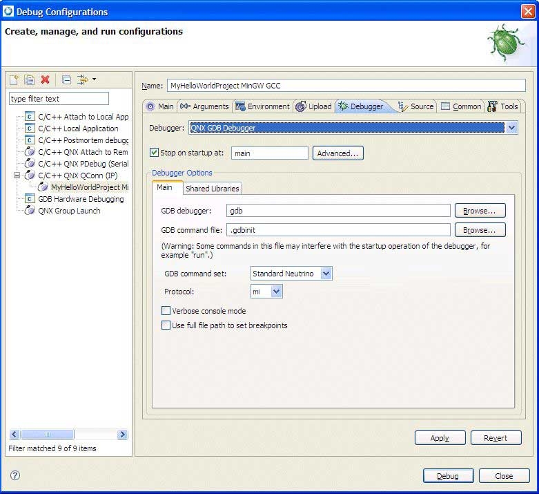 Launch Configurations dialog; Debugger tab